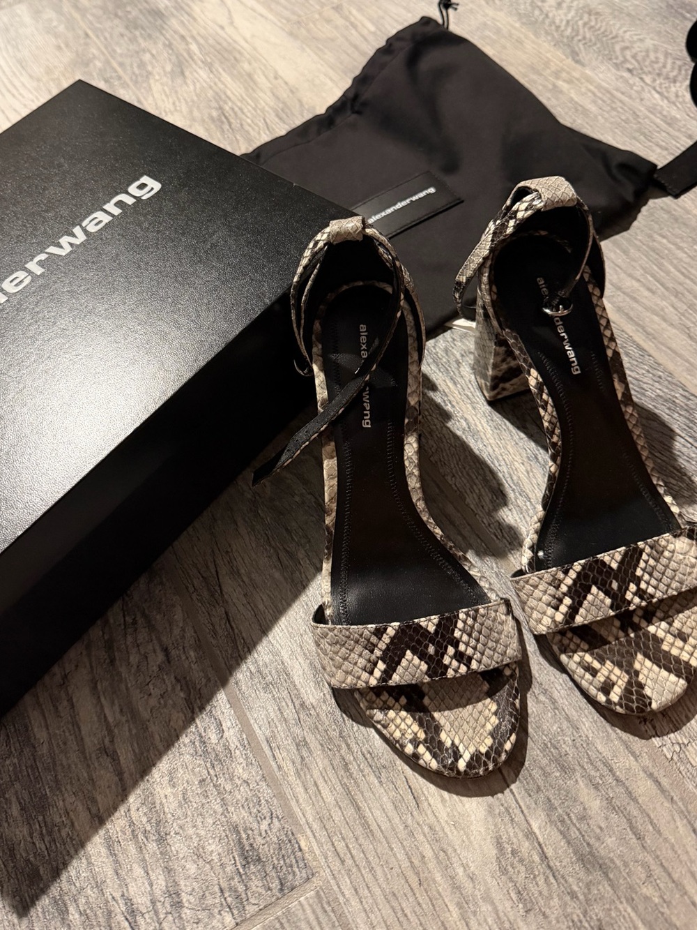 Alexander Wang Abby Snake-Print Ankle Strap Heels in Black/Grey